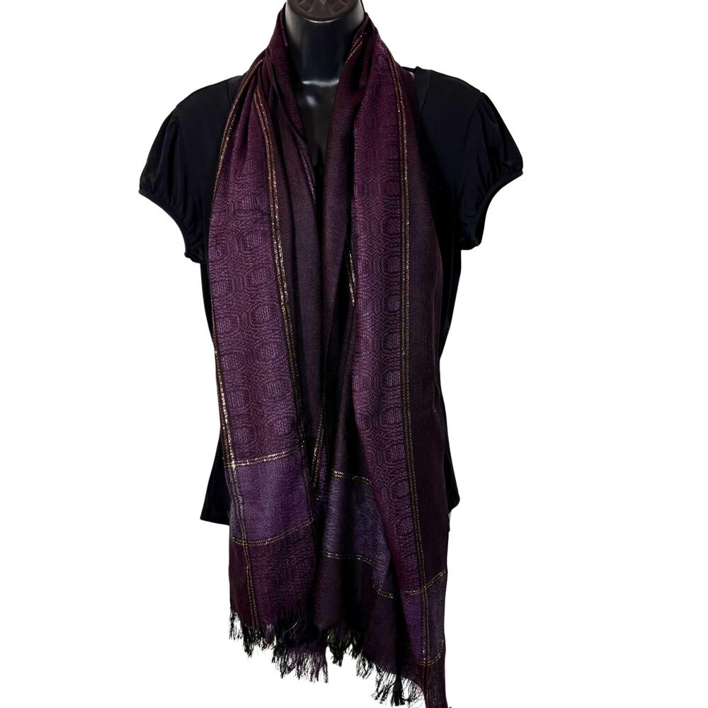 Purple Gold Woven Scarf Vintage Rectangle Scarf with Fringe Metallic 66 inch